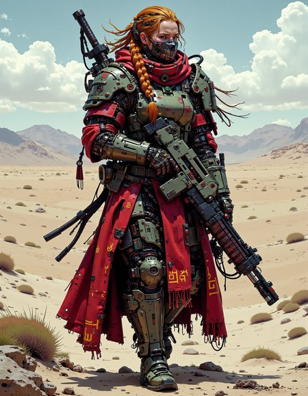 a fullb ody shot of tall vikingpunk woman holding an red mad-srgns m41a rifle, she is wearing a futuristic plate armor with face mask and red cloak that are covered in celtic runes, her ginger braided hair floats in the wind as she through a barren desert,  <lora:ck-nc-pastel-cyberpunk:1.2> <lora:fluxVikingPunk:0.6>  <lora:M41A_FLUX_000000800:0.8>