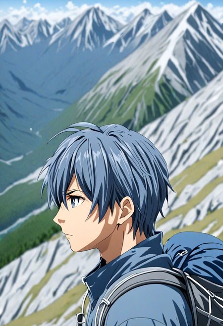 high resolution, solo, best quality, 1Boy, Tomoya Okazaki, Grey Blue Hair, landscape, looking away, high mountain, hiking gear, shallow depth of field, OverallDetail