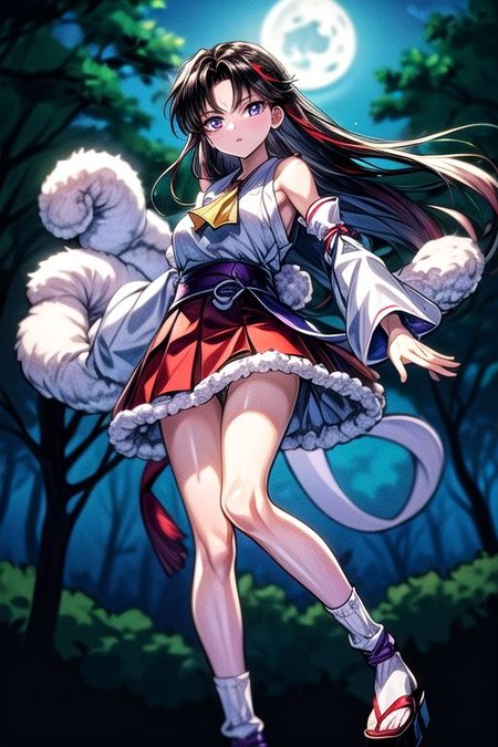 masterpiece,  best quality 1girl Setsun4 solo long hair,  (night time) forest background black hair very long hair purple eyes multicolored hair armor (fur trim) (medium body),<lora:EMS-179-EMS:0.800000>,<lora:EMS-293862-EMS:0.800000>ascot, bare shoulders, black footwear, detached sleeves, embellished costume, frills, japanese clothes, nontraditional miko, red skirt, sandals, sarashi, skirt, socks, white sleeves, white socks, wide sleeves, yellow ascot, zouri, armor, miko