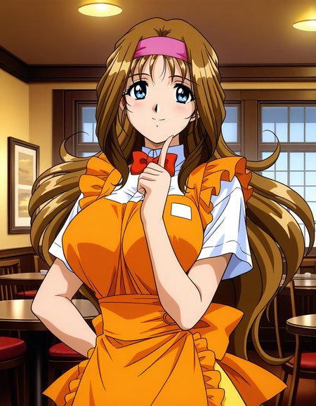 general,highres, ultra-detailed,very aesthetic,best quality ,best hands,  BREAK <lora:Kokubo_Reika_OVA_IS:1>
Kokubo_Reika_OVA, brown hair, long hair, blue eyes, large breasts, 1girl, solo, hairband, waitress, bow, smile, orange apron, BREAK,
 restaurant, room,