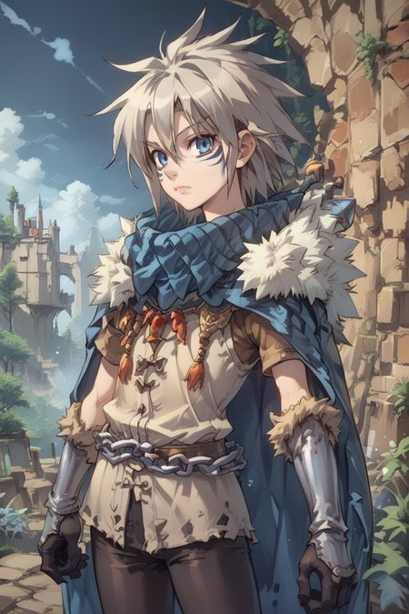 (score_9, score_8_up, score_7_up, score_6_up), source anime, BREAK, solo, <lora:Milanor:0.75> , miladef, 1boy, grey hair, spiked hair, facial mark, blue eyes, fur trim, (blue cloak), gloves, black leggings, chain belt,  exterior, outdoors, dark sky, night, canyon, mountains, castle, fortress, standing, closed mouth, profile, (cowboy shot), (from side),  <lora:zy_Detailed_Backgrounds_v1:0.5> , detailed background, highly detailed,   <lora:backgroundsetXL:0.4> , background, looking at viewer,   <lora:OldAnimeStyle_PonyXL:0.6> , Vintage, 1990s \(style\),