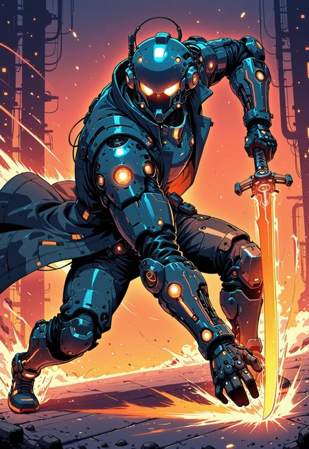 masterpiece, ultra detailed, ultra-detailed, 32K, very aesthetic, 2d, 1man, full armor, black trenchcoat, open coat, hi-tech, sci-fi, neon orange, orange glow, dynamic pose, fighting stance, (motion effect:1.5), dual wield, holding swords, glowing blade, zzCitronLegacy, in the style of cknc,