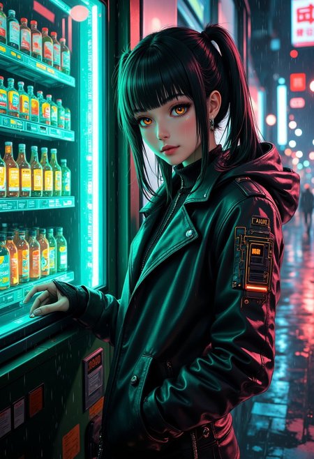 "A cyberpunk girl with neon green hair tied into twin drills, wearing a futuristic leather jacket with glowing circuit patterns, leaning against a holographic vending machine in a rain-soaked alley."
aidmaMJ6.1