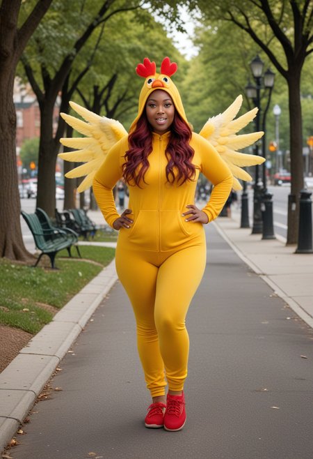 (medium full shot) of (angelic young woman), black american, dark eyes, dark skin, dark skin, black eyes, full-figured build, long red layered cut hair,  wearing Yellow chicken costume with fuzzy wings, chicken head hood, yellow leggings, yellow slippers, set in  Park Avenue, Tree-lined street with benches along the sidewalk, children playing in a nearby playground, joggers and cyclists sharing the bike lane, birds chirping in the trees the distant sound of traffic , surprised, open mouth, running toward the viewer, Masterpiece,best quality, photorealistic, amazing quality, very aesthetic, extremely detailed face,