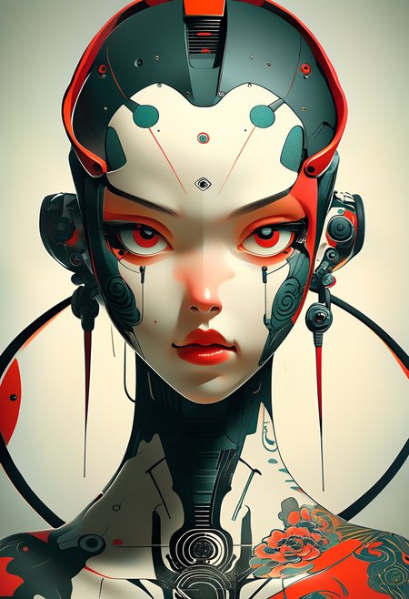 (bad robot:1.4), tattoo, irezumi, (facing viewer:1.2), full body, looking away, Style-Lab, Vector art, Clean lines, Sharp edges, Minimalist, Precise geometry, Simplistic, Smooth curves, Bold outlines, Crisp shapes, Flat colors, Illustration art piece, High contrast shadows, Technical illustration, Graphic design, Vector graphics, High contrast, Precision artwork, Linear compositions, Scalable artwork, Digital art, (Studio ghibli style, Art by Hayao Miyazaki:1.2), Anime Style, Manga Style, Hand drawn, cinematic sensual, Sharp focus, humorous illustration, big depth of field, Masterpiece, concept art, trending on artstation, Simplified style, trending on ArtStation, trending on CGSociety, Intricate, Vibrant colors, Soft Shading, Simplistic Features, Sharp Angles, Playful , OverallDetail-SDXL,  <lora:add-detail-xl:2>  <lora:MJ52:1> <lora:kusanagi_motoko:0.6> <lora:compb0t:0.6>