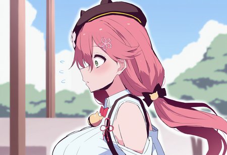 masterpiece, best quality, <lora:age_slider_v4:4>,detailed_background,outdoors,1girl,red bow,himiya jouzu,hair ornament,neck bell,long hair,highres,hair between eyes,looking at viewer,hat,breasts,bell,absurdres,official alternate costume,pink hair,sakura miko,bow,bowtie,hair flower,!?,sakura miko \(casual\),collared shirt,wide-eyed,solo,shoulder cutout,green eyes,blush,red bowtie,shirt,large breasts,virtual youtuber,...!,black hat,clothing cutout,white shirt,beret,ahoge,hololive,flower,hairclip