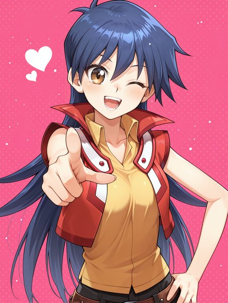 saotome rei, 1girl, duel academy uniform \(yu-gi-oh! gx\), one eye closed, pointing at viewer, pink background, polka dot background, simple background, solo, open mouth, smile, heart, hand on own hip, looking at viewer, teeth, upper body, collarbone, red vest, yellow sleeveless shirt, black shorts, brown belt,
masterpiece,best quality,amazing quality,very aesthetic,absurdres,newest,scenery,extreme detail,8k,light particles,soft lighting,volumetric lighting,intricate details,finely detailed,detailed eyes,<lora:Saotome Rei illusXL v1:0.73>,