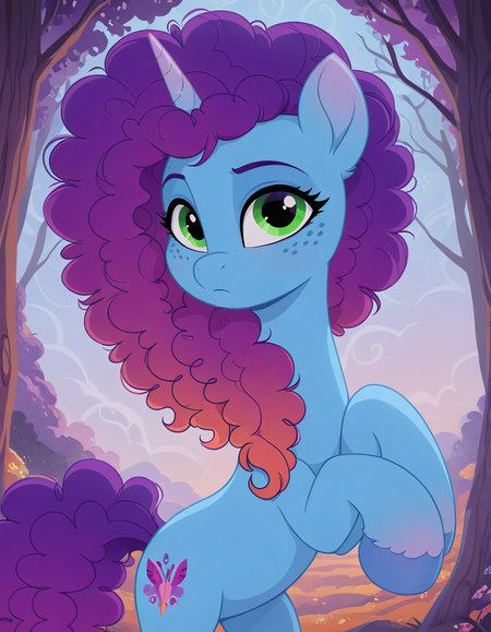 resolution, masterpiece, high resolution, (SOLO: 1.2) my little pony, friendship is magic, wild, detailed background, Misty Brightdawn  , unicorn, pony, freckles, blue body, green eyes, curly hair rebirth look, gradient hair, purple and orange (hair,curly hair, curly hair slicked back:1.3)    <lora:Misty_Brightdawn323:0.7>
