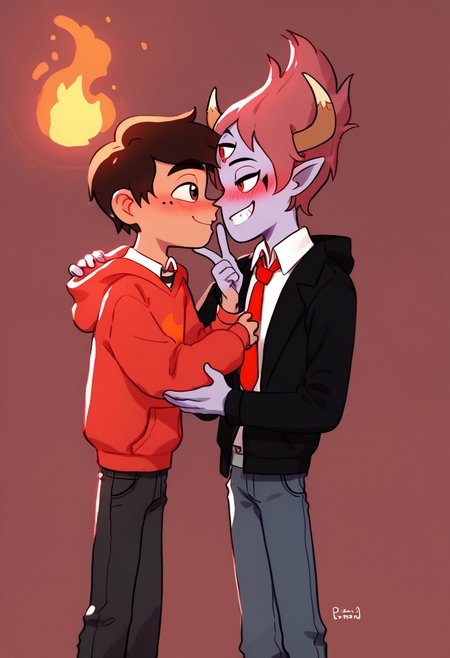score_9, score_8_up, score_7_up, score_6_up,highres <lora:tom:0.8>, 2boys dancing , kissing on cheek, dark light,looking at another, hellish background, lava pits, 
BREAK third eye, tom lucitor, horns, colored skin, pointy ears, short hair, 2boys,black suit,red necktie,flame,smile,
BREAK blush,marco diaz,2boys,red hoodie,grey jeans,mole under eye,