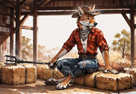score_9, score_8_up, score_7_up, (source_furry), fur body, solo, 1boy, anthro, coyote, red flannel, cowboy hat, Grey neck bandana, Indoor, Stables, pitchfork, hard work, hay squares, watercolor, sketch