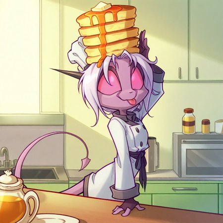 score_9, score_8_up, score_7_up,namah_calah,
1girl,solo,furry,tail, source_furry,horns,
 ,<lora:namah_calah_illustrious:0.8>,
child, kid,
childish_figure, chef_hat, syrup_bottle, food_shape_face (pancake), food_on_head, syrup_drip, kitchen_counter, morning_light, tongue_out