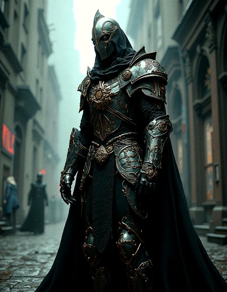 Gothic-inspired art featuring a figure in detailed, medieval-style armor with gold accents, standing in a dark, moody cyberpunk cityscape. The high contrast and dramatic lighting create a richly textured, atmospheric scene, with sharp shadows and intricate details. The composition is captured with no depth of field, ensuring every element is sharply defined.



