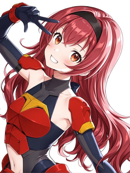 masterpiece,best quality,newest,
1girl,solo,
<lora:koishikawa_ema_ilxl_v1.0:1>,k_ema,hairband,long hair,red hair,brown eyes,
PR-AR,elbow gloves,armor,leotard,navel cutout,
<lora:Fixhands_anime_bdsqlsz_V1:1>,dynamic_angle,cinematic_angle,simple_background,white_background,face_focus,grin,light_blush,looking_at_viewer,smile,embarrass,v over eye,upper_body,