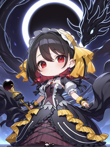 underworld goddess of the closed world,black princess dress,yellow short sleeves,1girl,solo,looking at viewer,chibi,staff,holding staff,yellow hairband,black dragon,red earrings,black frills, solar eclipse,
masterpiece,best quality,amazing quality,very aesthetic,absurdres,newest,<lora:underworld goddess of the closed world illuXL v1:0.75>,