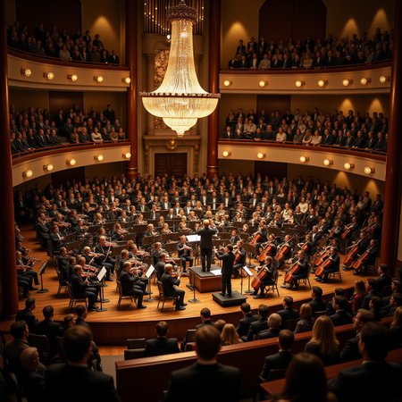 Isometric style artwork depicting an orchestra concert. The hall is filled with well-dressed spectators. A conductor, somewhat resembling Herbert von Karajan, stands on the podium and plays great music with a 50-piece orchestra lined up on stage. It's the ultimate artistic moment, and everyone is immersed in the sonic pleasure. The isometric perspective creates a sense of depth and miniature scale. Gorgeous chandelier, enchanting night, focus on conductor(1.5),<lora:Flux.1_Turbo_Detailer:0.7>  <lora:Diorama_Flux:1> A miniature diorama of