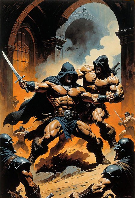 highly detailed ink drawing in the style of Frank Frazetta. 2 men fighting a formidable muscular figure shrouded in a dark hood, choking a soldier, in a rowdy tavern.