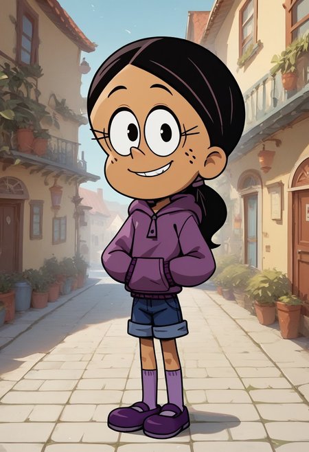 score_9, score_8_up, score_7_up, score_6_up, score_5_up, 1girl, solo,
masterpiece, best quality, absurdes,
<Lora:RonnieA:1>
Ronnie_anne, Mexican-American girl, ponytail, black hair, tan skin, freckles on cheeks,
purple hoodie, , blue jean shorts, purple thigh-highs, purple flat shoes,,
grin, smile,mouth closed,piece sigh,
outdoors, looking at viewer, 3/4 angle,
<lora:Expressive_H:0.7> Expressiveh,
<lora:add-detail-xl:0.9>
 <lora:light:1> neolight