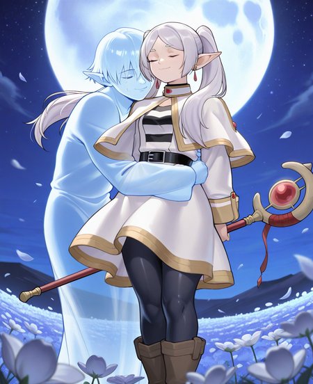 zukululuu, frieren, elf, pointy ears, 1girl, pantyhose, capelet, twintails, night, staff,  staff, moon, closed eyes, white capelet, , flower, night sky, hug, mage staff, black pantyhose, sky, dress, jewelry, belt, long hair, long sleeves, boots, brown footwear, full moon, white hair, 1boy, white dress, earrings, petals, standing, smile, black belt, starry sky, striped shirt, arms behind back, striped clothes, shirt, ghost, outdoors, crying, huge moon, fading, flower field, white flower, spirit, closed mouth, transparent, falling petals, drop earrings, parted bangs, short hair, red gemstone, field, grey hair, frieren, general <lora:zukululuuC:1> zukululuu, 
(masterpiece), (best quality), (ultra-detailed), amazing quality, very aesthetic, illustration, perfect composition, intricate details, absurdres, incredibly absurdres, shiny skin, realistic,