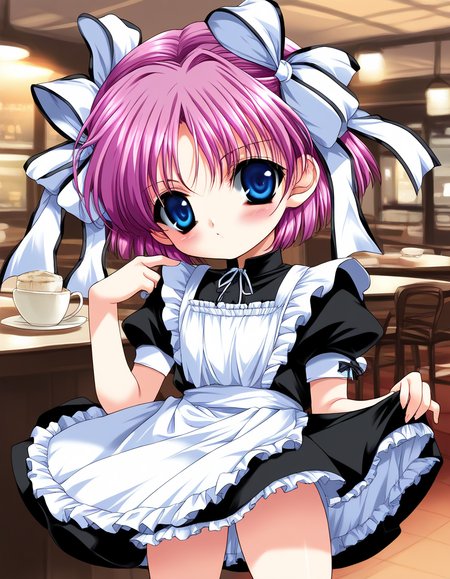 score_9, score_8_up, score_7_up, source_anime, rating_explicit, BREAK  <lora:Kago_Noa_Ver2.0_XL:0.8> KagoNoa, pink hair, purple hair, blue eyes, hair ribbon, white ribbon, short hair,  short stack,
Gothic Maid, cafe, 
blush,
looking at viewer, 
cowboy_Shot,
