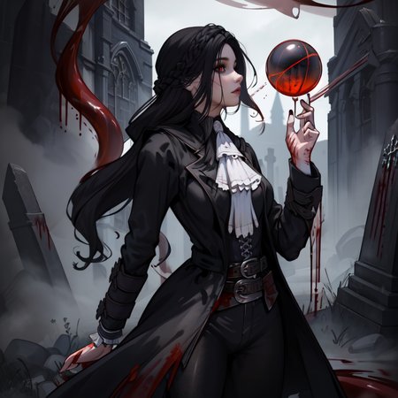(masterpiece:1.2),(best quality,:1.2),8k,HDR,ultra detailed,professional light,cinematic lighting,fashion photography,ambient lighting,atmospheric effects,(wearing a black long coat:1.5),ascot,bracers,belt,gothout,<lora:Gothic_Outfit:0.45>,in a dark and sinister gothic graveyard,iron fence,<lora:Darkness:0.4>,epiCPhoto,(solo:1.5),<lora:SeranaaaaV3.5:0.65>,1girl,serana,red eyes,(black hair:1.3),long hair,looking at viewer,(White ascot:1.5),chibi,Black long pants,(cowboy_shot:1.5),<lora:Concept - Blood Magic:0.4>,(bloodmagic:1.5),(blood:1),(swirling blood:1.5),(magic:1.3),Bloody energy ball,(Bloody energy ball:1.3),