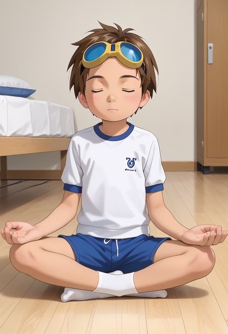 score_9, score_8_up, score_7_up, zPDXL2, 
,
1boy, solo, goggles on head, brown hair, jyojifuku, white shirt,  short sleeves, shorts, gym uniform，bedroom,hud_m3dit4tion, indian style, sitting, on floor, , , facing viewer, , closed eyes,