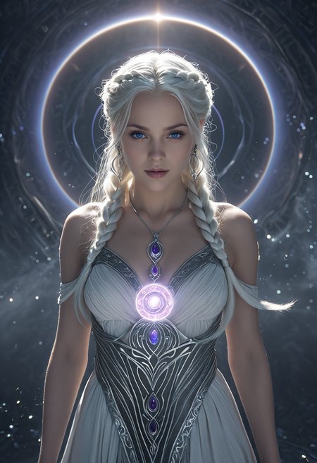professional 3d model <lora:ul0px:1>,ul0px,(dress, jewelry, necklace, earrings, fantasy art),<lora:Beeple_holography:1>,Beeple,(holography, volumetric lights, scenery, aura:1.3),, (Hair, Long, silver-blonde hair (often described as pale as moonlight), a hallmark of her Targaryen lineage. In the books, her hair is worn in intricate braids, symbolizing victories and tradition:1), (Eyes, Large, violet eyes, often noted for their intensity and otherworldly quality, typical of the Valyrian race:1), (Skin, Pale, creamy complexion with a smooth, almost luminous quality that enhances her striking beauty:1), (Build, Slim and petite, yet strong and resilient, reflecting her gradual transformation from a timid girl into a determined leader:1),  short in stature,, Light aura concept art, a subtle energy field or glow that surrounds a person, object, or scene, often associated with spirituality, healing, or an ethereal appearance. A glowing halo or radiant light surrounding a subject to convey divinity, mystery, or supernatural power. soft gradients, luminous effects, or pastel colors, an emanation of a person's energy field, white or golden light symbolizing purity and enlightenment, a radiant, soft glow around the subject, . octane render, highly detailed, volumetric, dramatic lighting