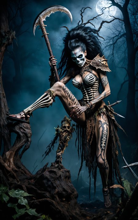 Hyperrealistic, horror theme, rotting undead Amazoness warrior with skeletal makeup, very tall and muscular, spread legs,  tribal tattoo, decaying beauty, high detail, dynamic composition, intricate textures, fierce expression, in action pose, dark surrounding, low light, nighttime setting, realistic shadows, ethereal, flowing hair, strong and decayed, wearing skeletal armor, jungle background, confident and menacing, ultra-quality, expressive eyes, detailed skeletal makeup, thick fog, light particles shining from the moonlight, horror style, eerie atmosphere, jumpscare element, ghostly apparitions, rotting flesh, menacing