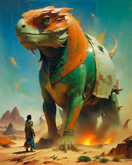 John Carter Warlord of Mars, sand, (spaceship:1.5), pulp magazine, intense color, planet in the sky, shine, reflections, dragon, blue, green, orange, scarlet, <lora:add-detail-xl:0.75> <lora:xl_more_art-full_v1:0.5>