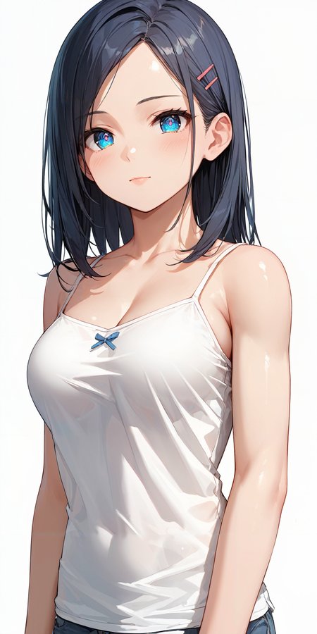 score_9, score_8_up, score_7_up,source_anime, high res image,masterpiece,best quality,woman,big breasts,cute face,clear skin,shiny hair,ultra detailed eyes,simple background,  <lora:camisole_pony_V1.1:0.8> camisole