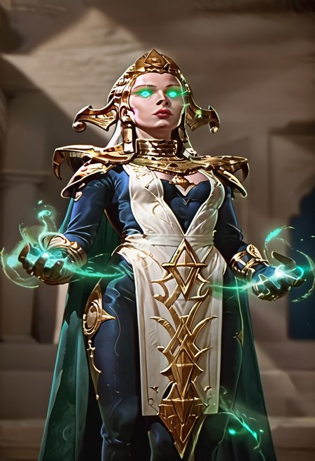 masterpiece, best quality, amazing quality, very aesthetic, high resolution, ultra-detailed, absurdres, BagdadThief, HelaE, 1girl, solo, headdress, bodysuit, pelvic curtain, medium breasts, cleavage, shoulder armor, cape, glowing eyes, magic, aura, gorget, full lips, gloves,