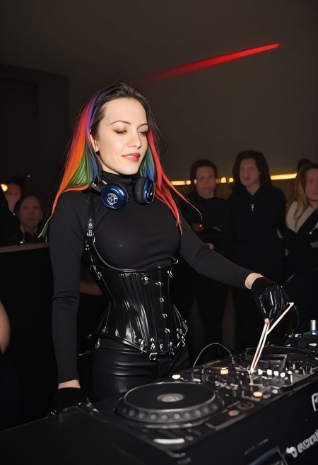 A beautiful petite woman in her 20s with long rainbow hair, in black leather bodysuit, long sleeves, black rubber gloves, corset, HW_Corset, collar, tight black latex pants, 1girl, instrument, playing instrument, dj, 3dmdj, headphones around neck, laser lights,  crowded night club,