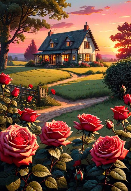 landscape, sun down, red sky, saturated colors, field of roses, cottage in the background Watercolor, trending on artstation, sharp focus, studio photo, intricate details, highly detailed, by greg rutkowski, ultra hd, realistic, vivid colors, 
highly detailed, UHD drawing, pen and ink, perfect composition, beautiful detailed intricate insanely detailed octane render trending on artstation, 8k artistic photography, photorealistic concept art, soft natural volumetric cinematic perfect light, trending on artstation, sharp focus, studio photo, intricate details, highly detailed, by greg rutkowski