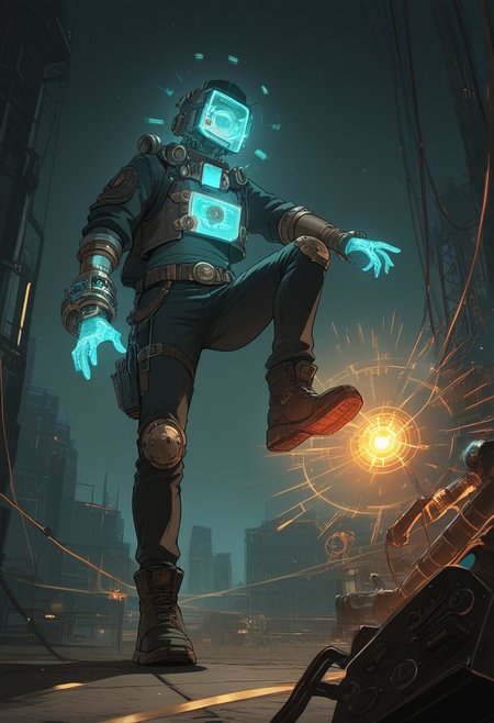 Time traveler stepping through a glowing quantum portal, futuristic lab in background, holographic UI elements, steampunk gadgets mixed with advanced technology, cyberpunk neon lights, hyper-detailed, 8k, cinematic lighting