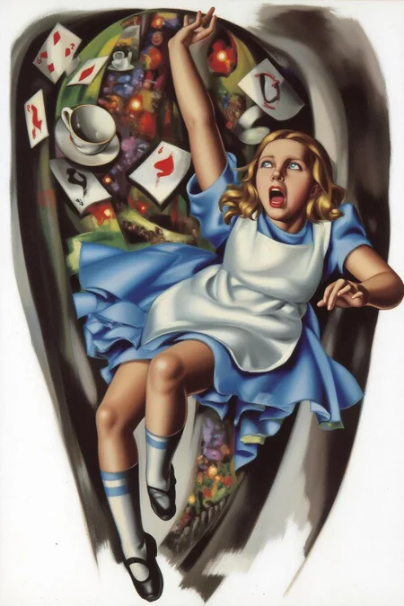 tamaradelempicka1 painting.
Overhead view of Alice in Wonderland falling into the rabbit hole, with her legs dangling beneath her. She is looking upward, her face filled with shock and terror as she screams. Her blue dress and white apron billow out around her as she tumbles, while her striped stockings and black shoes are visible below. The rabbit hole is a swirling, chaotic mix of vibrant colors, playing cards, teacups, and other Wonderland objects floating around her. Soft glowing light emanates from the tunnel walls, adding an eerie, fantastical feel to the scene. The sense of motion and fear is palpable as Alice falls deeper into the unknown. The background is stark white. <lora:tamaradelempicka1_cap_d8a4:1.0><lora:863957269136600426:0>