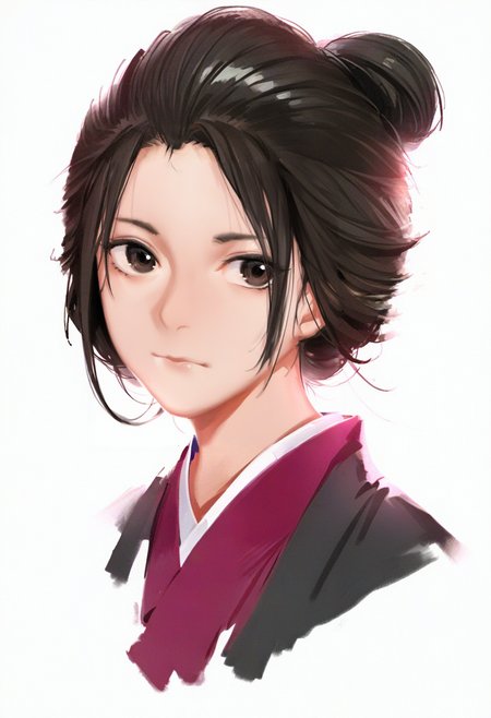 solo, 1girl, white background, simple background, hair bun, single hair bun, closed mouth, black hair, japanese clothes, looking at viewer, kimono, black eyes, portrait, upper body, brown eyes <lora:solaXL_NBVP1_lokr_V6311PZ:0.95>