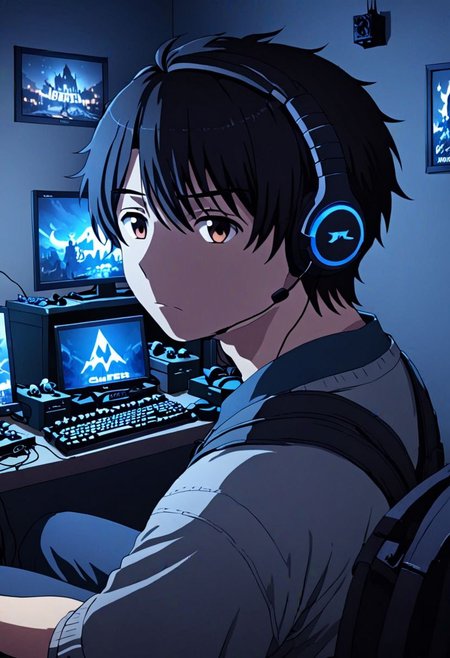 high resolution, solo, best quality, 1Boy, Inaho Kaizuka, Black Hair, gamer, bedroom, night, pc, sit, headset, portrait, OverallDetail