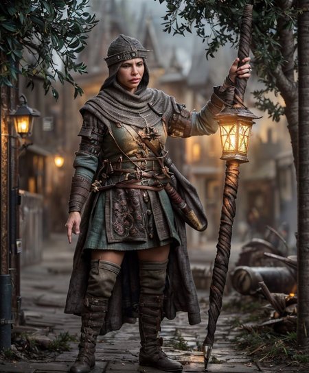 RAW photo, (masterpiece:1.3), subsurface scattering, heavy shadow, (high quality:1.4), (intricate, high detail:1.2), professional photography, HDR, High Dynamic Range, realistic, ultra realistic, photorealistic, high resolution, film photography, ambient lighting, atmospheric effects, <lora:detail_slider_v4:2>, OverallDetail, <lora:TownGuard:0.7>, TownGuard, Piper, <lora:Piper-10:1> as a guard holding a lantern and a spear, medieval, epiCPhoto