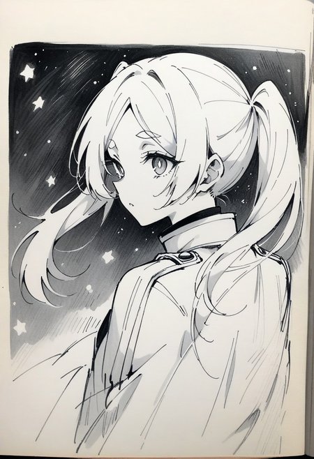 (masterpiece), (best quality), (ultra-detailed),
1woman, frieren, Light particle, medium shot, upper body, medium breasts, star sky, night , 
70mm film, 	from back, going, in dynamic,
Detailed eyes, colourful eyes detailed beautiful eyes, very high resolution eyes, bright pupils, detailed beautiful eyes, sharped sightings, twin tails,
simple background, background white sheet of paper, 
monochrome, greyscale, traditional media,  petting, drawn with pencil, sketch, detailed lines, 
sketch, manga page, manga style ,
pencil sketch style, soft shading, soft delicate features,  detailed fingers,