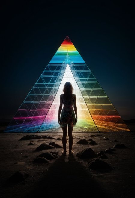 Album cover, mysterious silhouette woman, (light rays, shining on glas pyramid prism, splitting in rainbow colours, dark side of the moon), goddess, alluring, by Minjae Lee, Carne Griffiths, Emily Kell, Steve McCurry, Geoffroy Thoorens, Aaron Horkey, Jordan Grimmer, Greg Rutkowski, amazing depth, double exposure, surreal, geometric patterns, intricately detailed, bokeh,  perfect balanced, deep fine borders, artistic photorealism , smooth,  great masterwork by head of prompt engineering   <lora:add-detail-xl:2>  <lora:Double_Exposure:0.5>