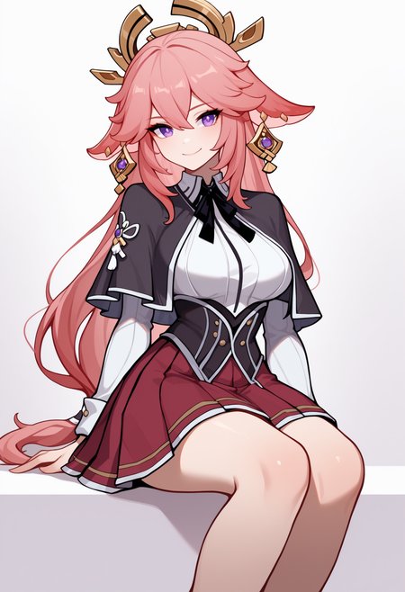 masterpiece, best quality, newest, anime, feet out of frame, solo, 1girl, (yae miko, genshin impact:0.9), smile, looking at viewer, sitting, invisible chair, arm support, pink hair, hair ornament, purple eyes, school uniform, black capelet, white shirt, neck ribbon, black ribbon, long sleeves, black corset, red skirt, pleated skirt
<segment:yolo-Anzhc Face seg 640 v3 y11n.pt,0.4,1//cid=11>