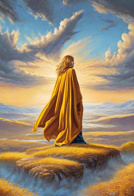 1woman, blonde hair, the grim reaper, facing away, rocky hill, standing, black robe blowing in the wind, clouds, sky, sunset, stars, cosmic, in meditation, ultra detailed landscape, bright yellow energy surrounding surrounding her, volumetric lighting, ultra detailed clothes, ultra detailed body, ultra detailed hair, looking at an ancient city made of blue crystals is in the distance, serenity, glowing,
by Natalia Rak and Barclay Shaw in the style of Jessica Rossier,  <lora:EnvyAnimeWatercolorXL02:0.60> ,   Elmore_Style_LX <lora:Elmore_Style_LX-000011:0.60>