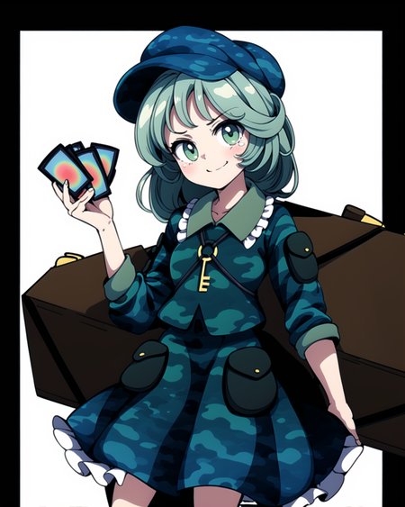 <lora:touhou_yamashiro-11:1>, cowboy shot, solo, 1girl, yamashiro takane, smile, looking at viewer, hat, flat cap, camouflage, frills, shirt, long sleeves, green skirt, boots, key, jungler, <lora:add_detail:1>, masterpiece, best quality, perfect_composition,