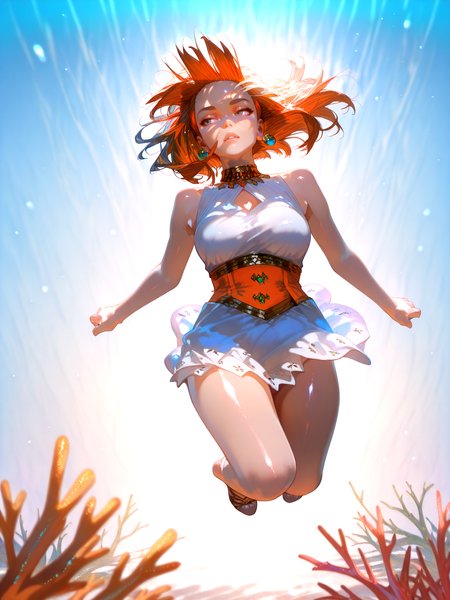 masterpiece,best quality,solo,(solo focus:1.4),(solo:1.2),1girl,(Full body Shot:1.1),detailed background,dramatic lighing,cinematic still,tan skin, brown skin, shaved sides hair, multicolor hair , orange hair, Multicolour iris, tsurime eyes , dark grey eyes , realistic eyes, detailed eyes , looking away from viewer, looking to the side, straight on, medium breasts,multicolor,colorful,at night,clothing in wind,hair in wind,[magical girl dress | robe | greek armor],full body shot ,jumping, freeze frame, mid air, jumping straight up ,underwater,coral,film grain,particles,blurry background,bokeh background,stars,sea life,realistic,jewelry,featured on pixiv,<lora:ChamIllustriousBackgroundEnhancer:1.2>,<lora:UK shiny_skin1v_ILXL:0.8>,shiny skin,<lora:TRT(Illust)0.1v>,