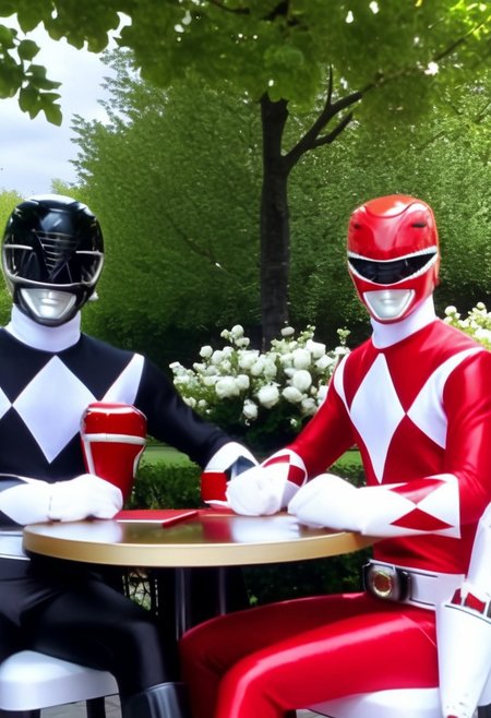female yellow power ranger holding-hands with male red power ranger and male black ranger, facing camera, morphed, helmet, uniform, white gloves belt, holstered weapon, sitting at table in posh Paris cafeé, sunny summer day, hyperdetailed photography