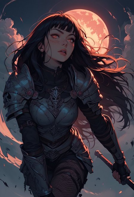 Score_9, Score8_up, Score_7_up, (((High Resolution, Best Quality))), 
1girl, beautiful, breasts, battle scarred, damaged armor, fishnets under armor, bangs, long hair, plated armour, holding sword, battle stance, dynamic angle, ancient fantasy city, battle-ready stance, dynamic pose, at night, moonlight, riding a nimbus cloud, nimbus, wukong theme, directional lighting, viewed from above,