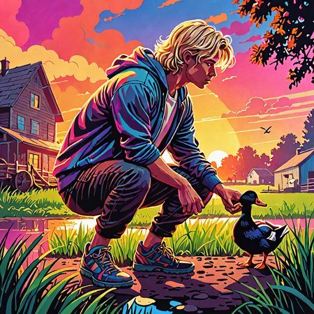An athletic young adult man squatting and looking at a duck , seen from the side, on a farm, wind gush, flowy blonde hair, silhouette, vibrant rainbow neon color, English countryside, vegetation, illustration, cartoon, highly detailed, high quality,