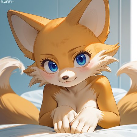 (score_9, score_8_up, score_7), source_furry, female, bedroom eyes, (solo), maximum detailes, (by aruurara), tails, yellow skin, blue eyes, 2 tails