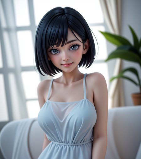 masterpiece, best quality,  a woman, short hair, inverted bob, straight hair,  with a blue and white dress and a plant in the background with a white curtain behind her, a photocopy, seductive smile,  <lora:LCM_LoRA_Weights_SD15:0.7>