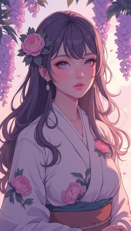 A high-quality, whimsical digital artwork in the style of pinksoftcoreanime, 
A woman with warm, sun-kissed skin and gentle rose-gold eyes, framed by a waterfall of soft amethyst and silver-streaked hair. Delicate wisteria vines wind through her strands, their petals glowing faintly in the violet dusk. She wears a flowing silk kimono adorned with intricate floral embroidery.