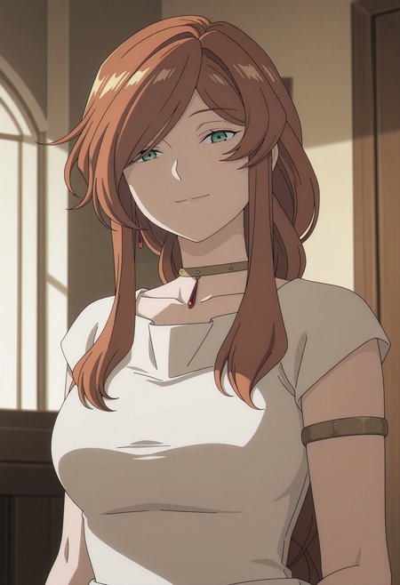 1girl,solo,Flamme,mature female,long hair,brown hair,green eyes,anime coloring,
white dress,upper body, looking at viewer, smile,indoors
,masterpiece,best quality,amazing quality,<lora:Flamme-Sousou_no_Frieren:0.8>